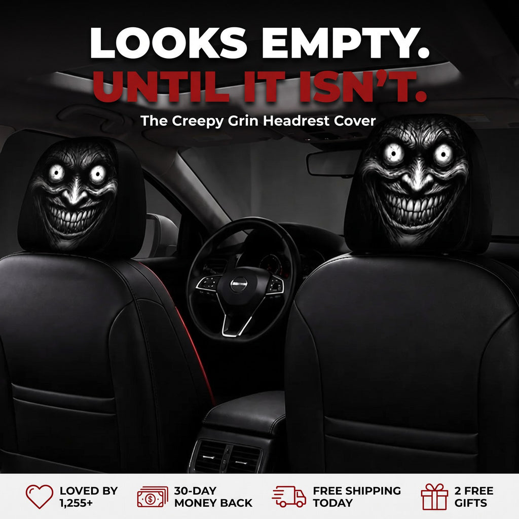 GhostRideGrin - looks empty, until it isn't - creepy grin headrest cover