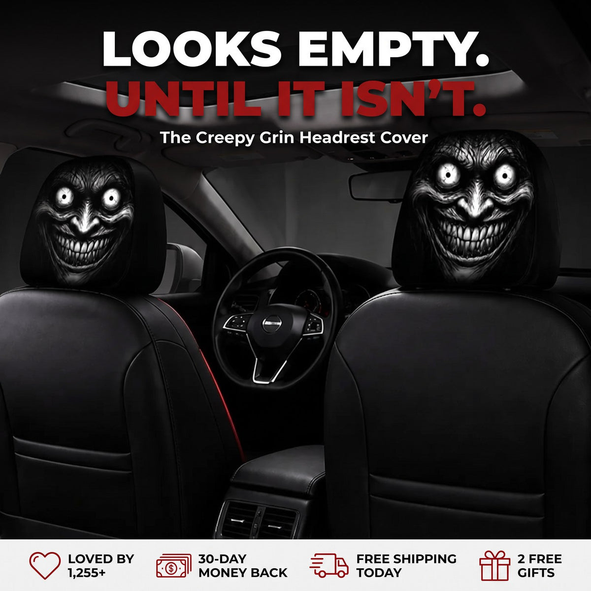 GhostRideGrin - looks empty, until it isn't - creepy grin headrest cover