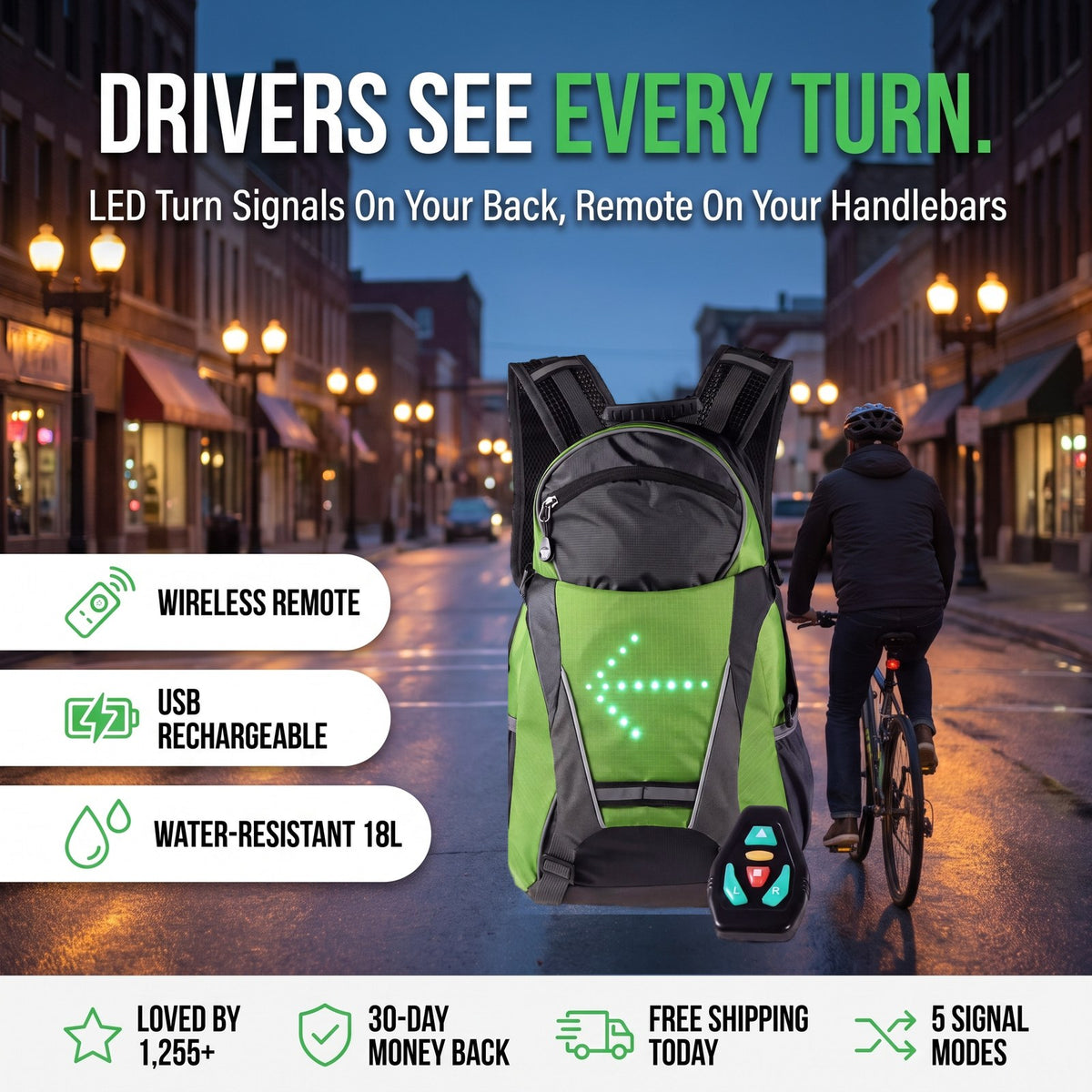 SignalPack - drivers see every turn, LED turn signals on your back, remote on your handlebars