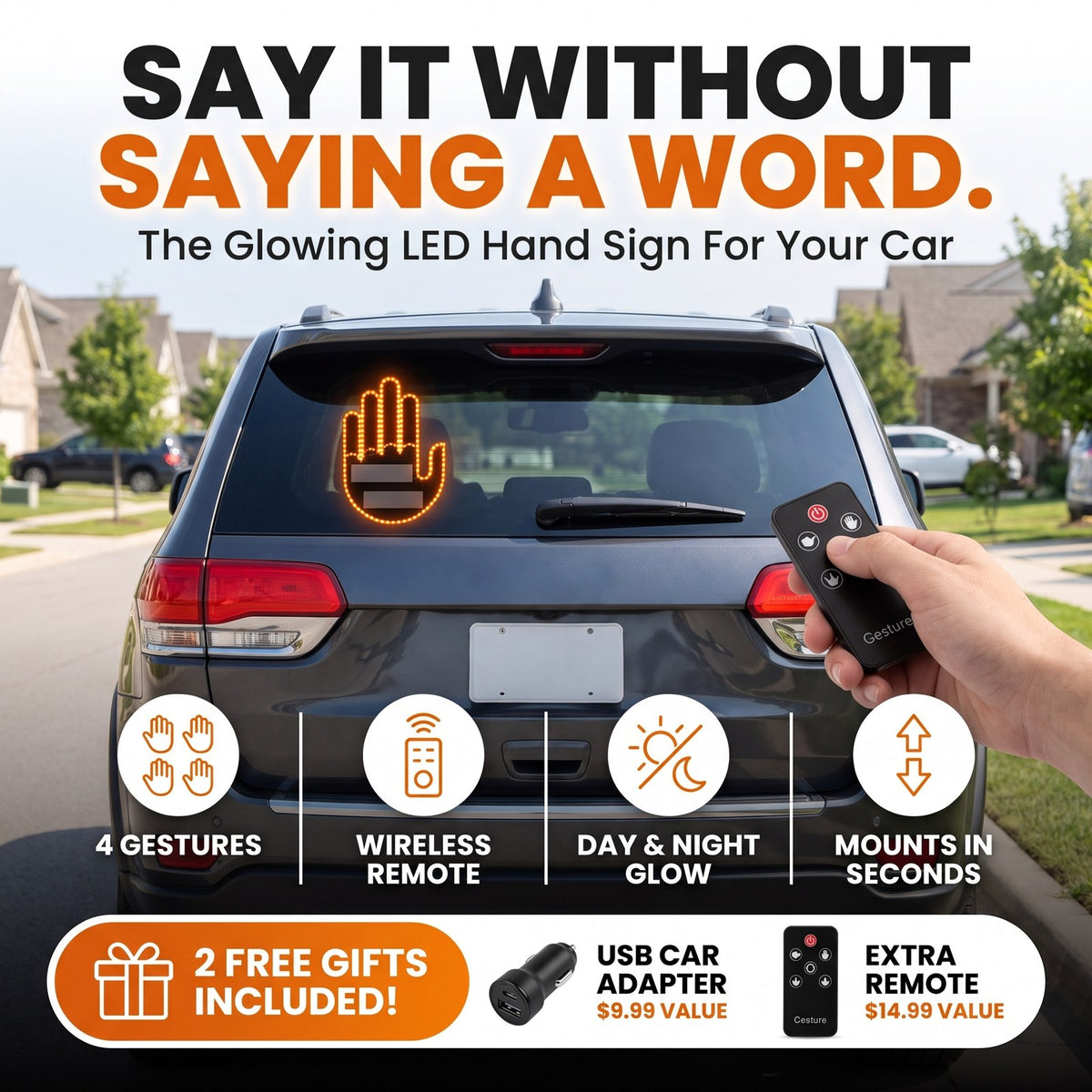 LED hand sign for your car - say it without saying a word, 2 free gifts included