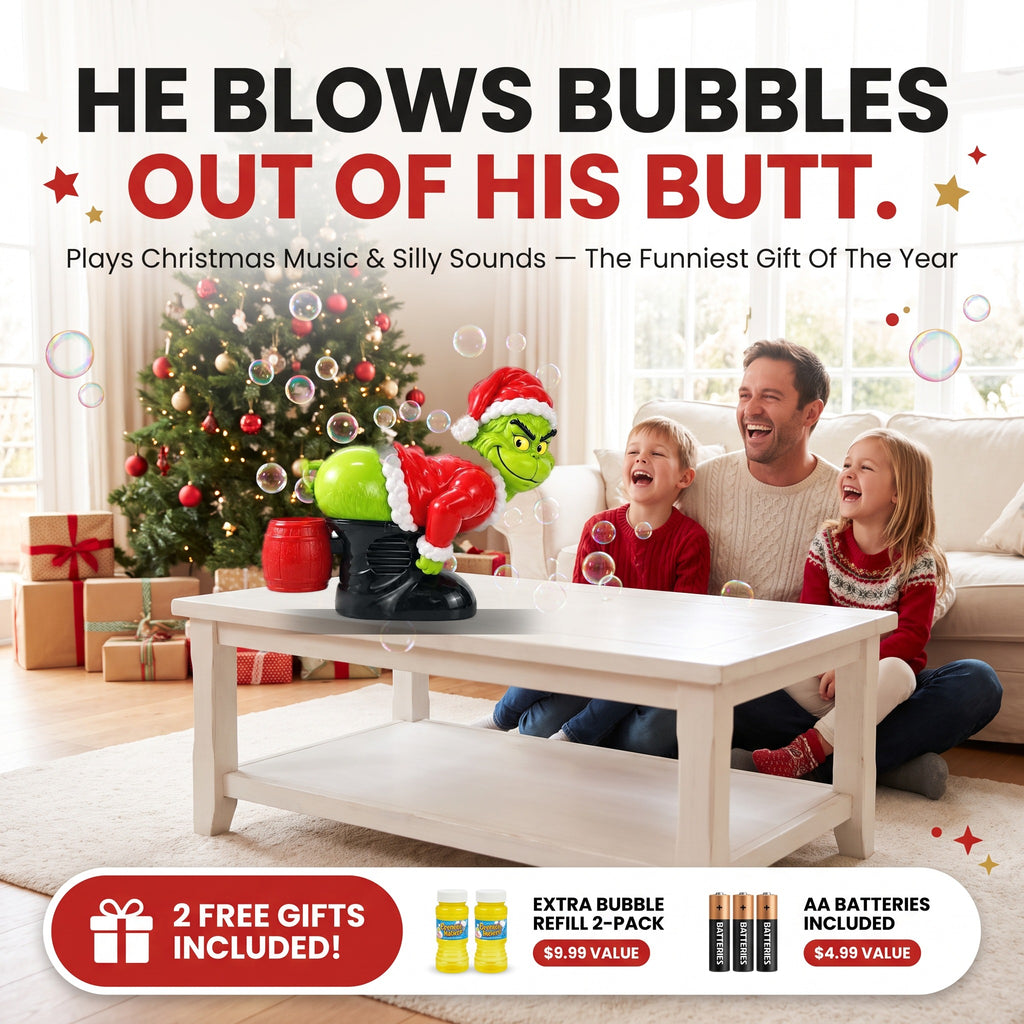 Funny Grinch - he blows bubbles out of his butt, plays Christmas music, 2 free gifts included