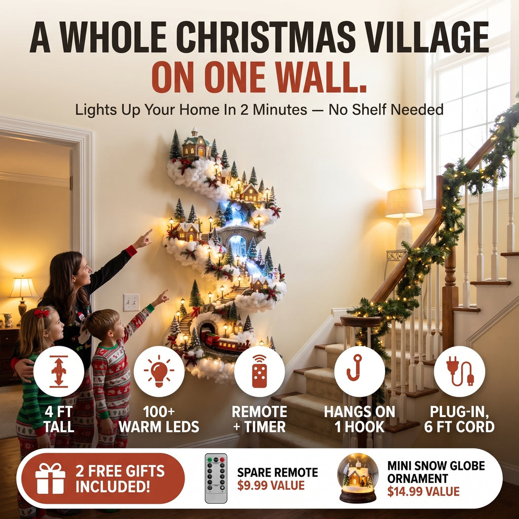 A whole Christmas village on one wall - 4 ft, 100+ warm LEDs, 2 free gifts included