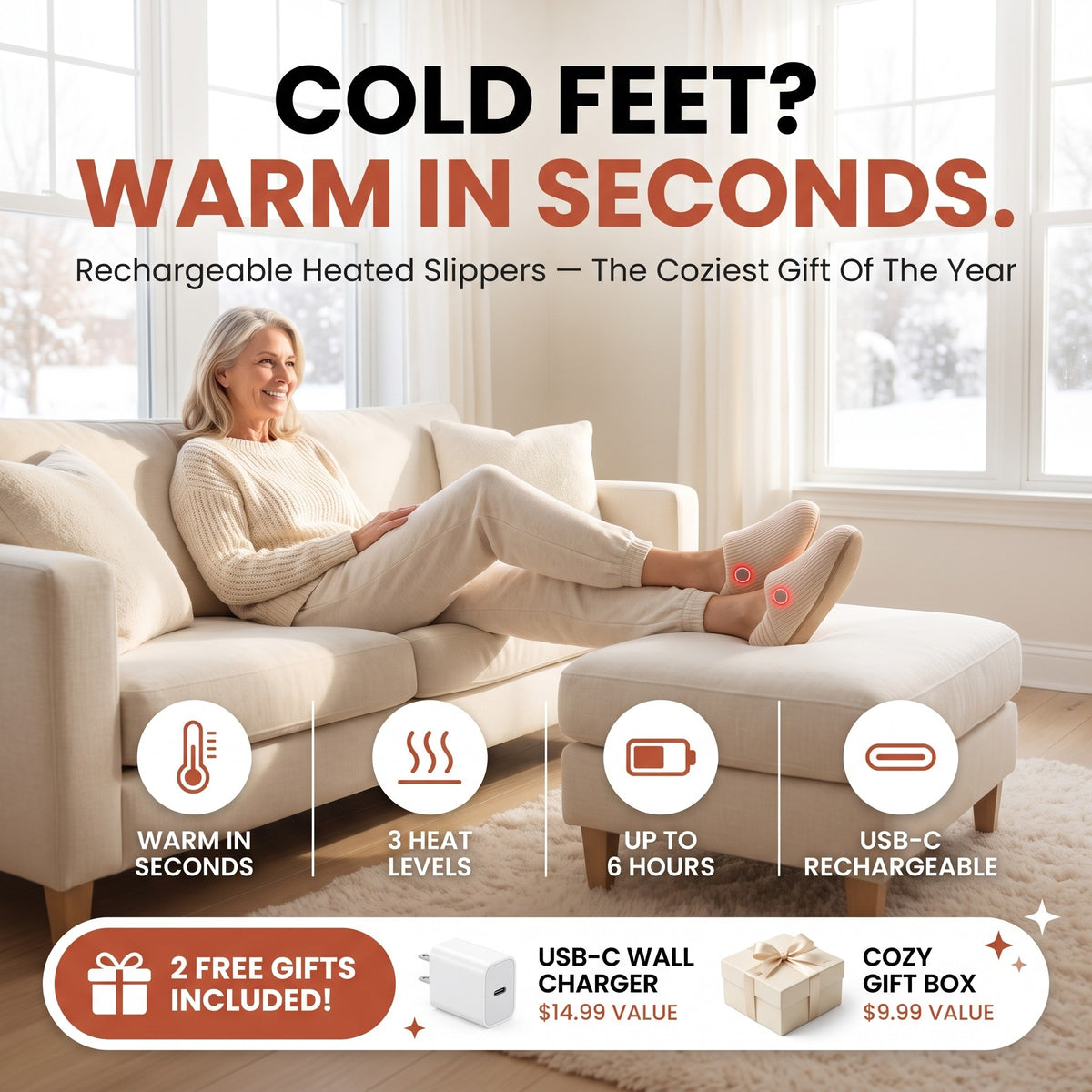 Heated slippers - cold feet? warm in seconds, 2 free gifts included
