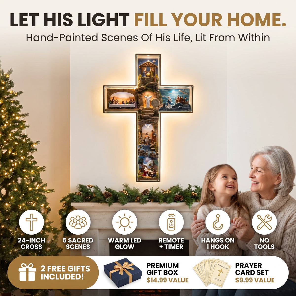 Living Light Cross - let His light fill your home, hand-painted scenes lit from within, 2 free gifts included