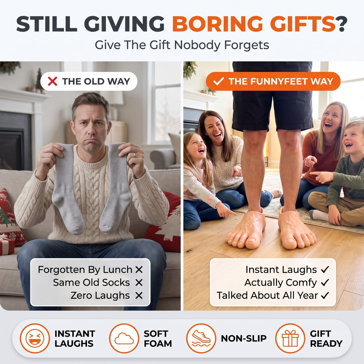 Still giving boring gifts? The old way vs the FunnyFeet way