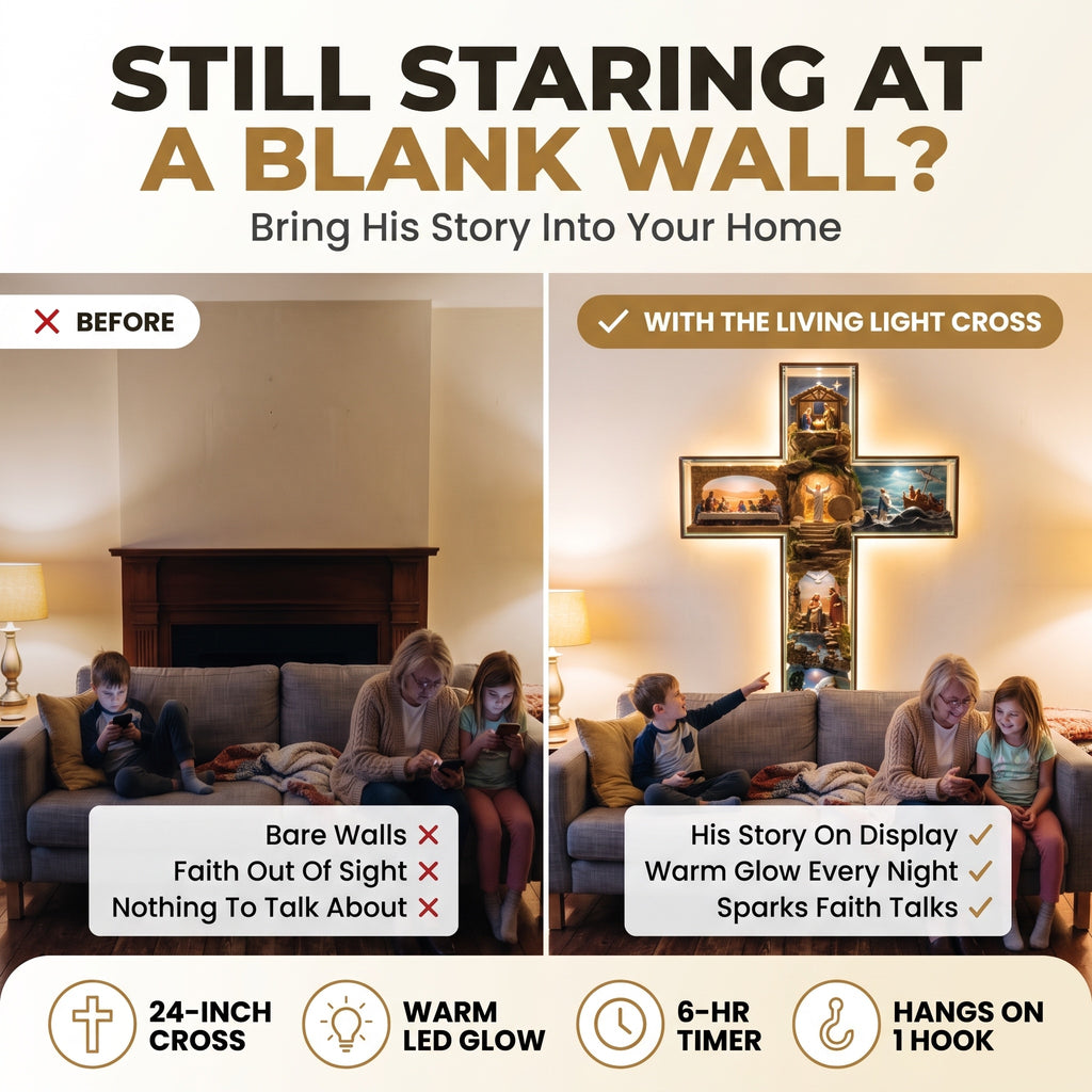 Still staring at a blank wall? Before vs with the Living Light Cross glowing above the sofa
