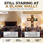 Still staring at a blank wall? Before vs with the Living Light Cross glowing above the sofa