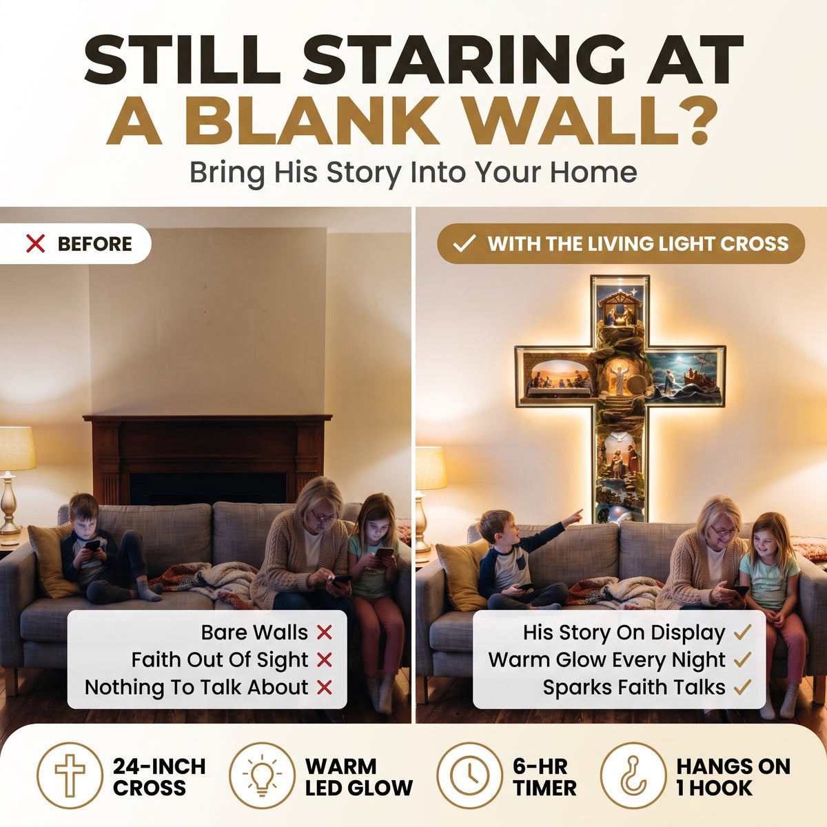 Still staring at a blank wall? Before vs with the Living Light Cross glowing above the sofa