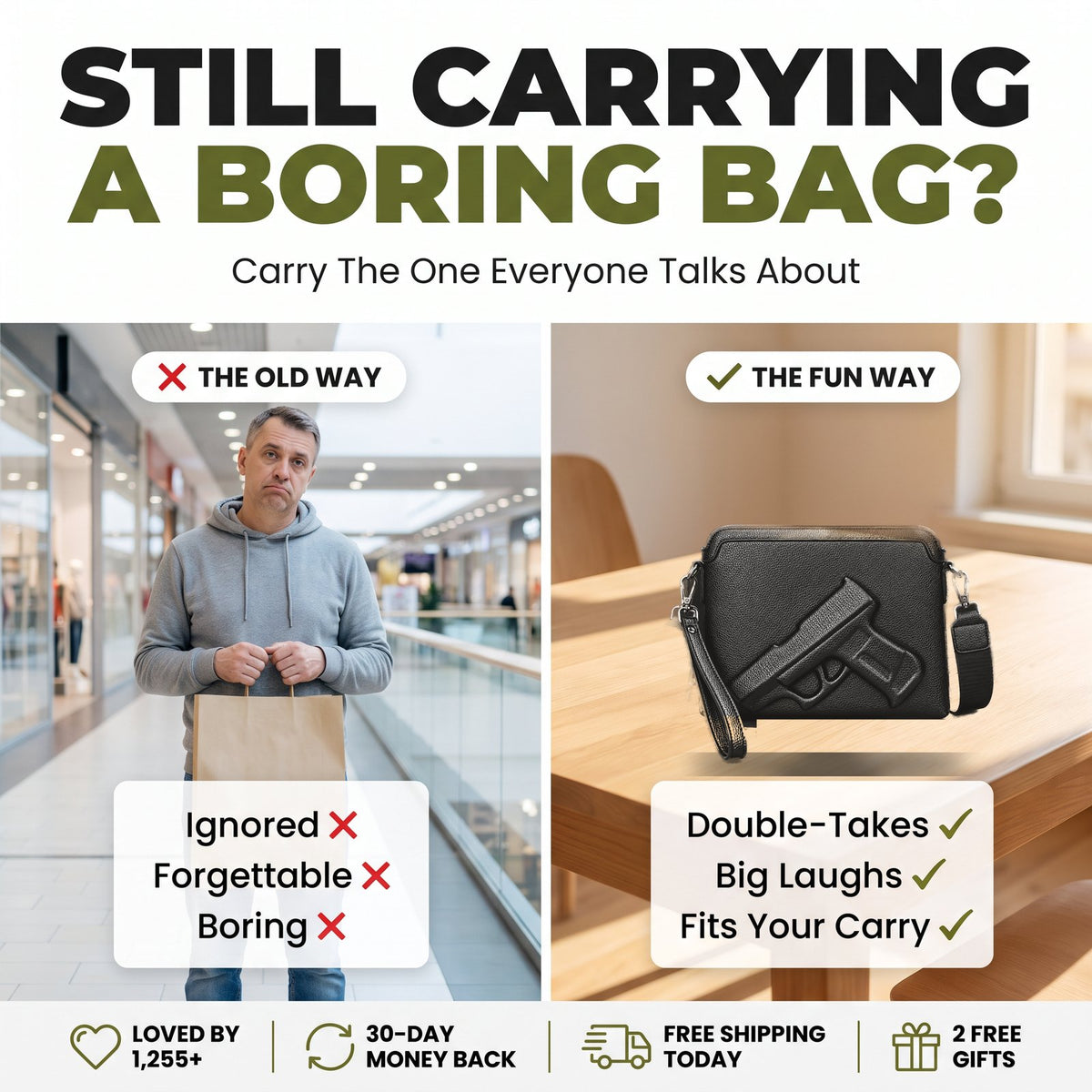 Still carrying a boring bag? The fun way: double-takes, big laughs, fits your carry