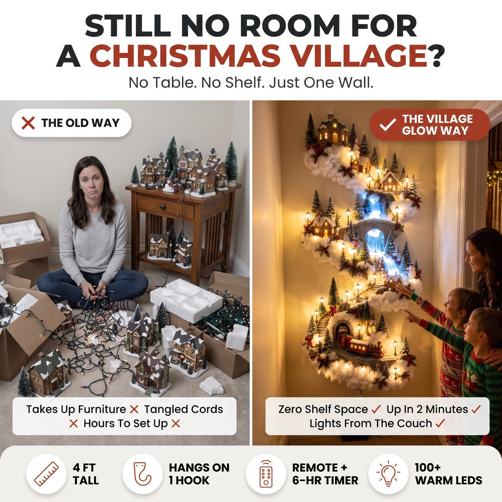 The old way vs the Village Glow way - no shelf, no table, just one wall
