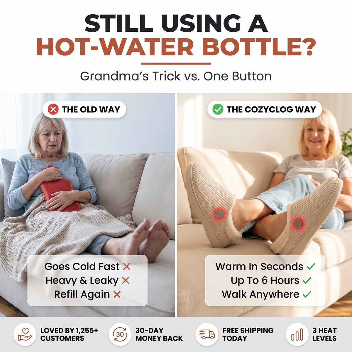 Still using a hot-water bottle? The old way vs the CozyClog way