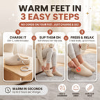 Warm feet in 3 easy steps: charge it, slip them on, press and relax