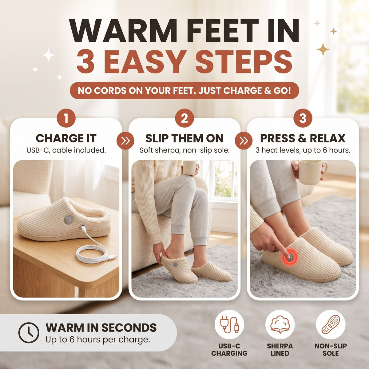Warm feet in 3 easy steps: charge it, slip them on, press and relax