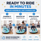 Ready to ride in minutes: charge it, buckle up, spin and glow