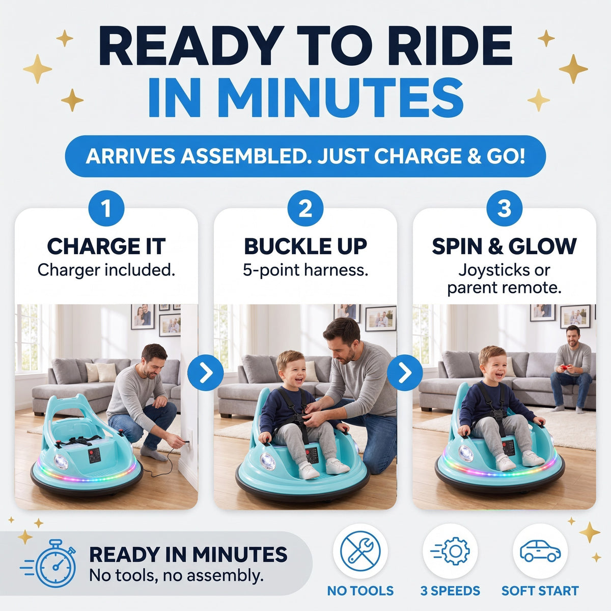 Ready to ride in minutes: charge it, buckle up, spin and glow