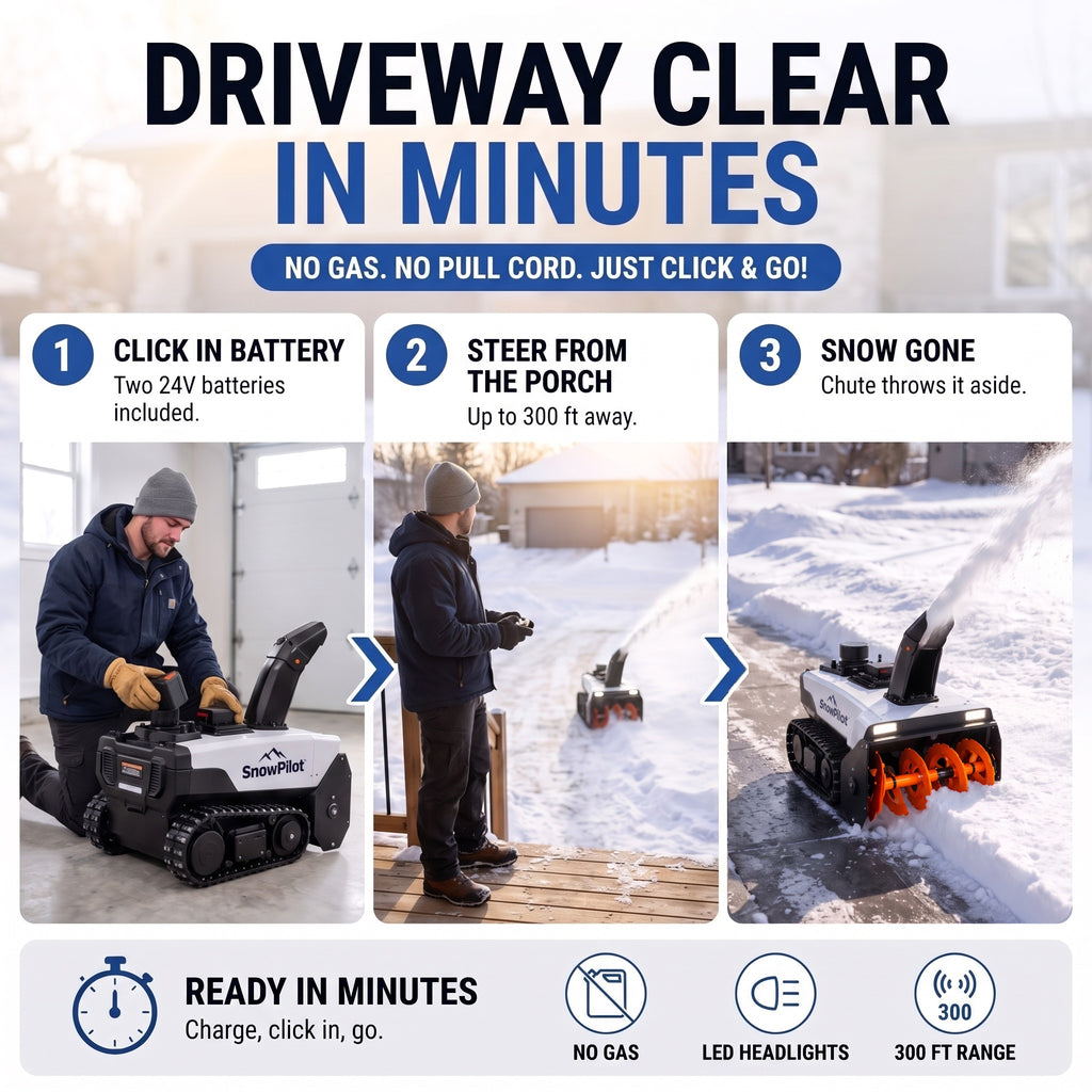 Driveway clear in minutes: click in battery, steer from the porch, snow gone