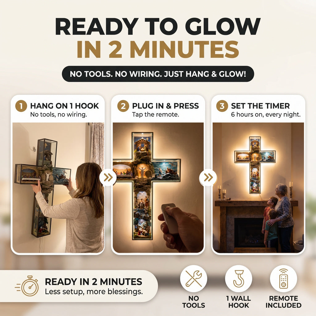 Ready to glow in 2 minutes: hang on 1 hook, plug in and press the remote, set the 6-hour timer