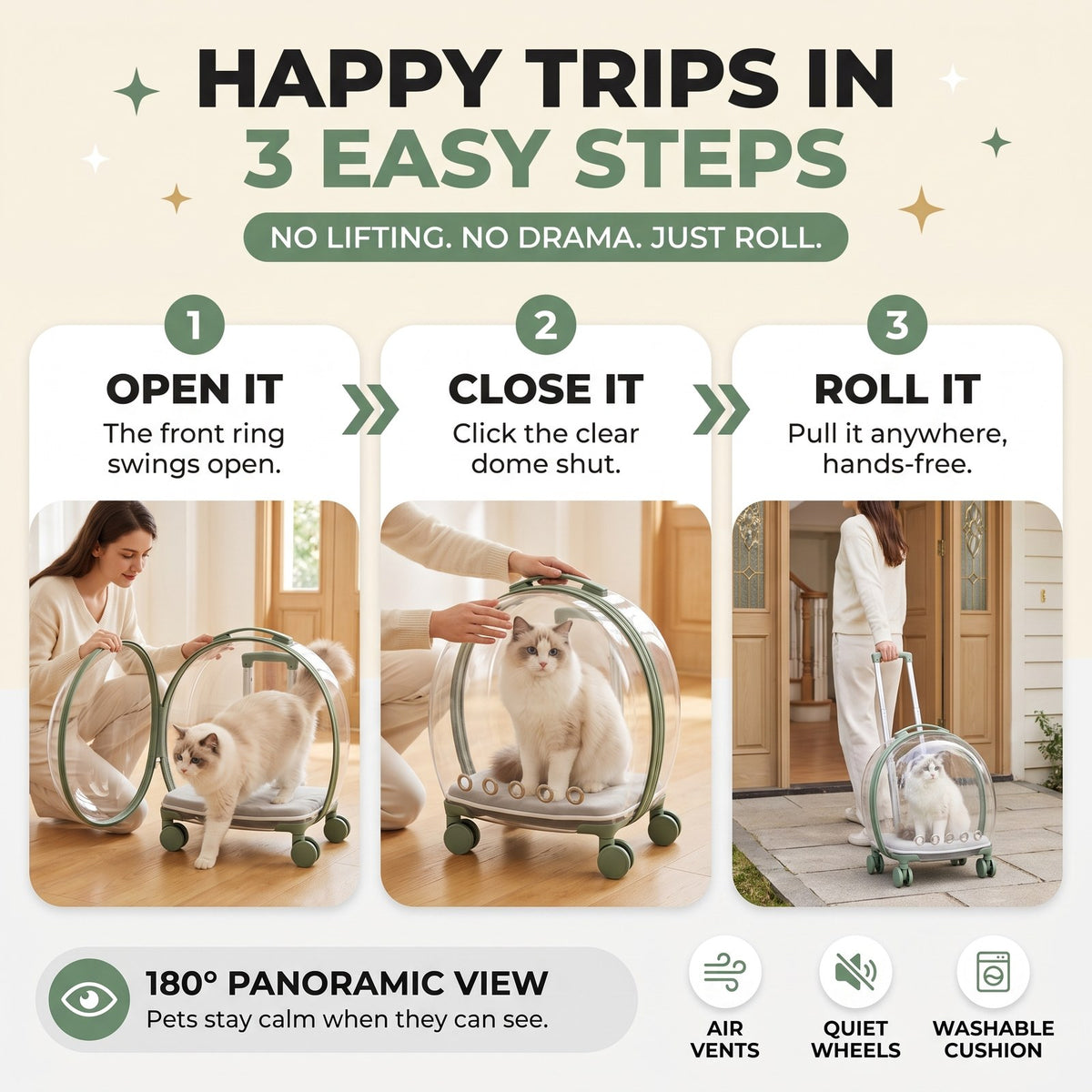 Happy trips in 3 easy steps: open it, close it, roll it