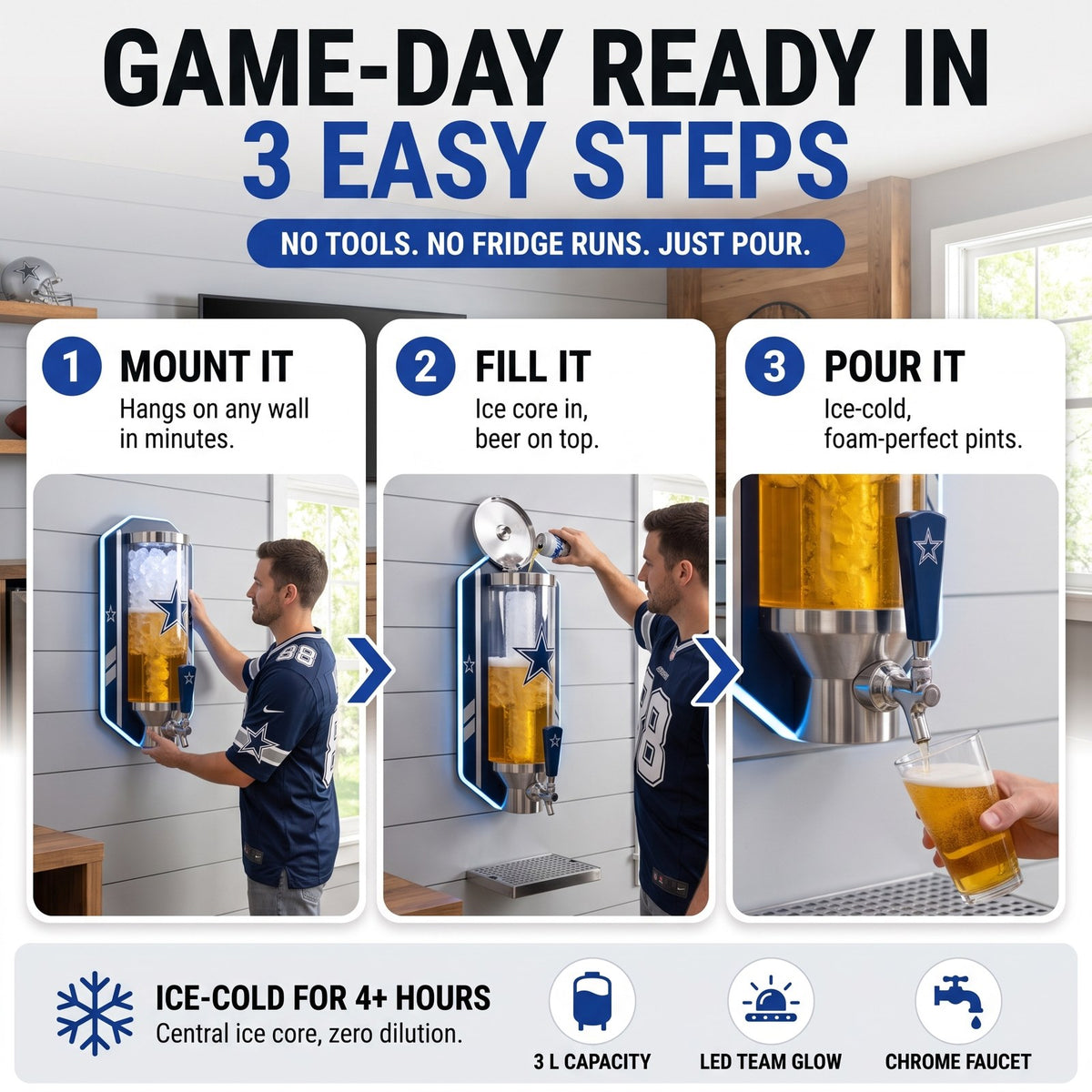 Game-day ready in 3 easy steps: mount it, fill it, pour it