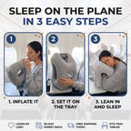 Sleep on the plane in 3 easy steps - inflate, set on the tray, lean in