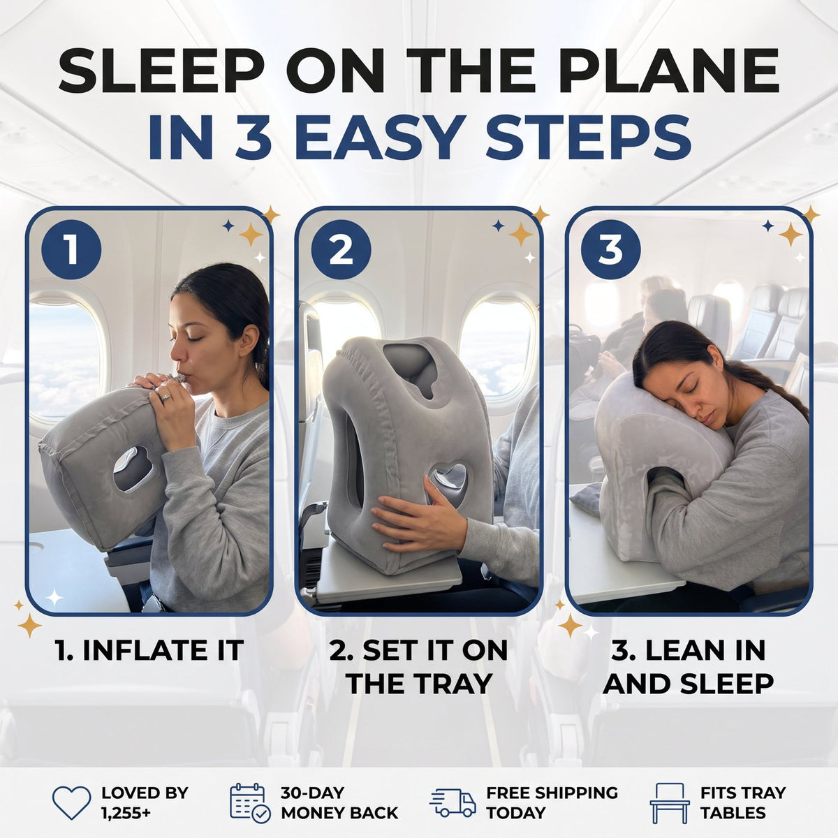 Sleep on the plane in 3 easy steps - inflate, set on the tray, lean in