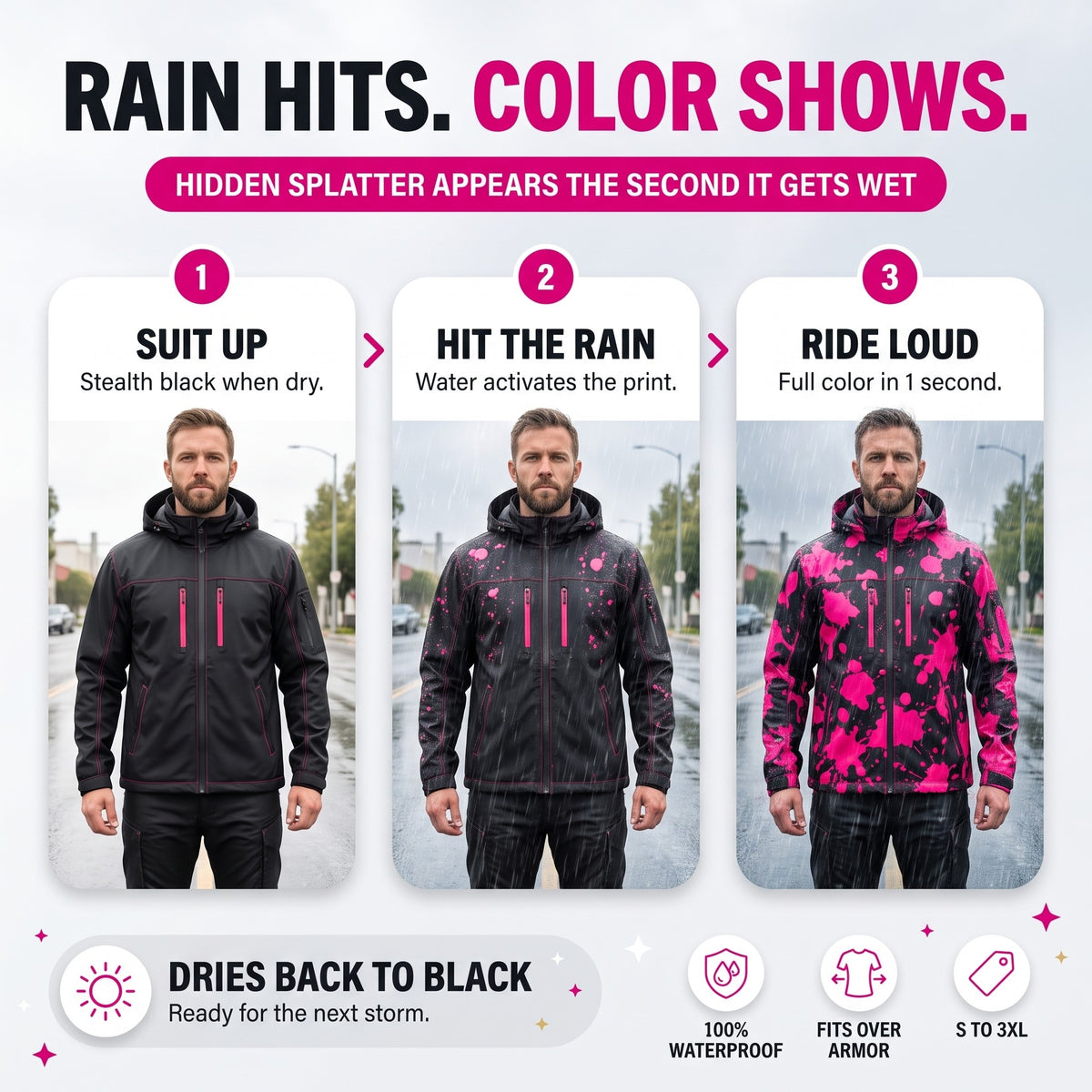 Rain hits, color shows: suit up, hit the rain, ride loud