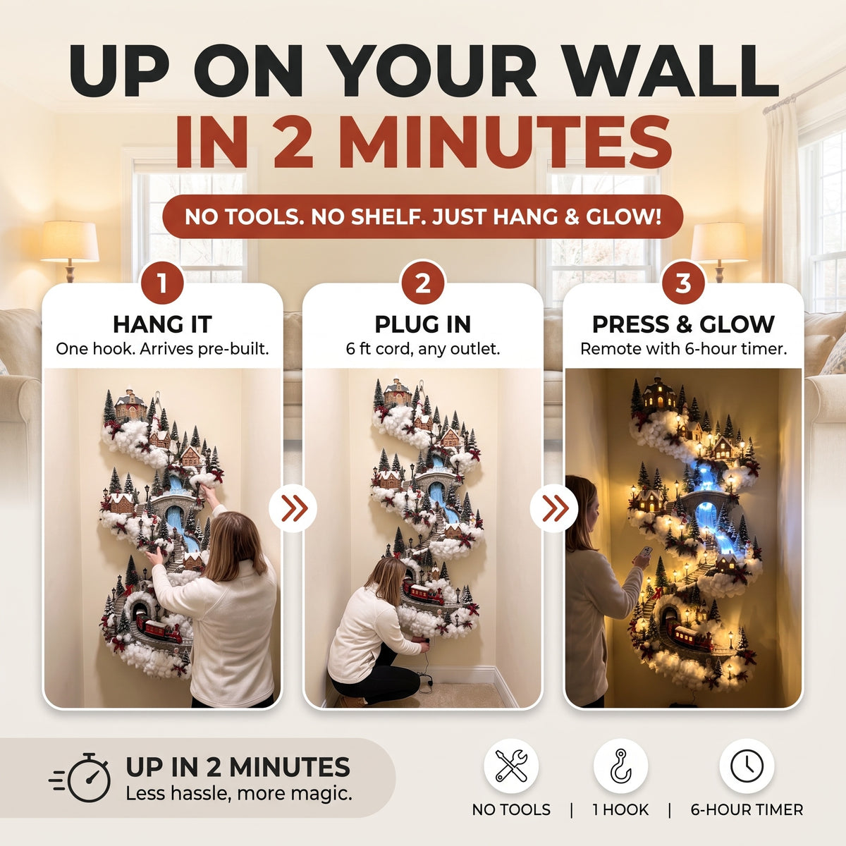 Up on your wall in 2 minutes: hang it, plug in, press and glow