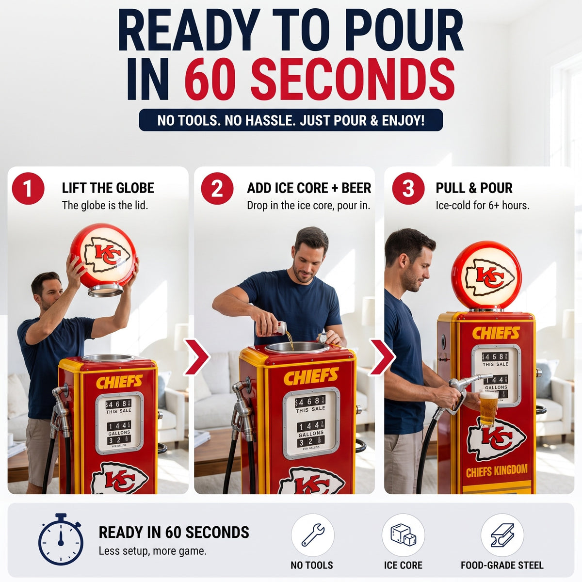 Ready to pour in 60 seconds: lift the globe, add ice core and beer, pull and pour