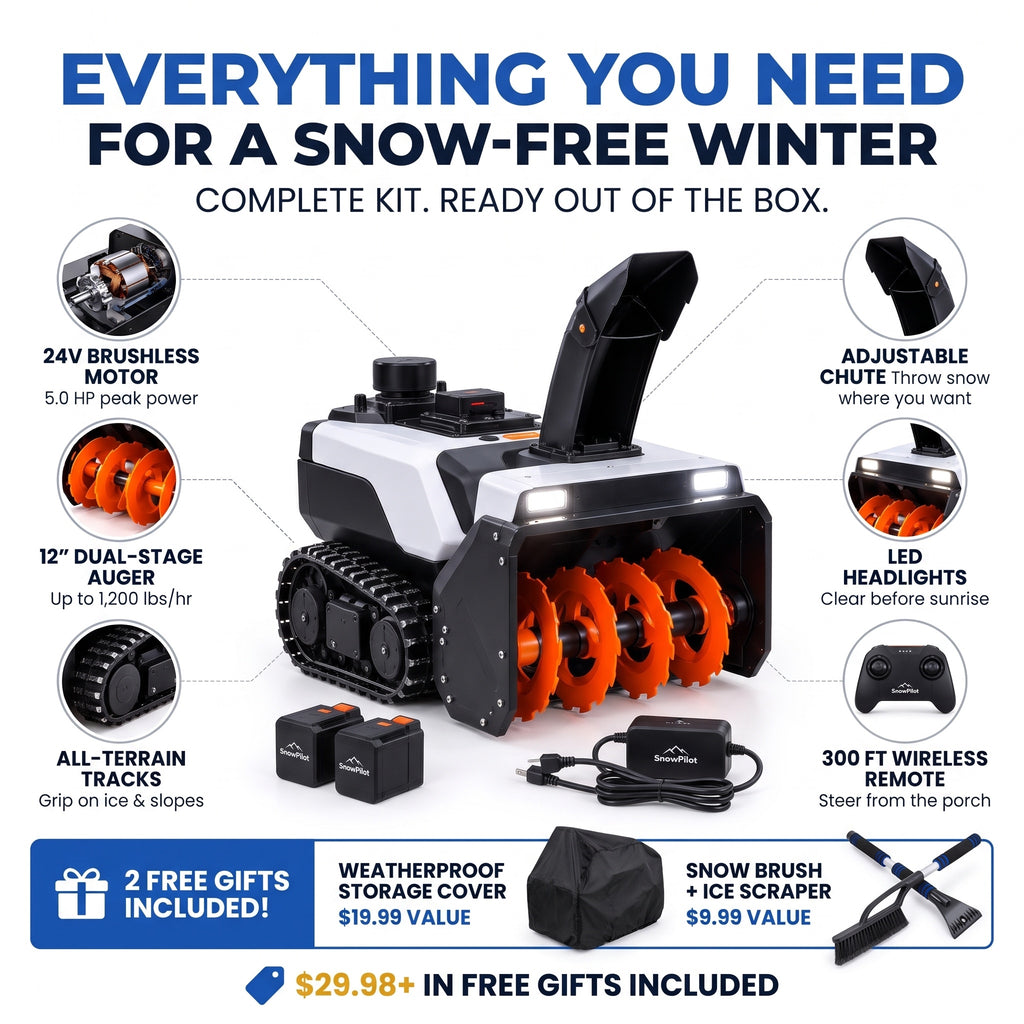 Everything you need - 24V brushless, 12 inch dual-stage auger, tracks, adjustable chute, LED headlights, 300 ft remote, 2 free gifts