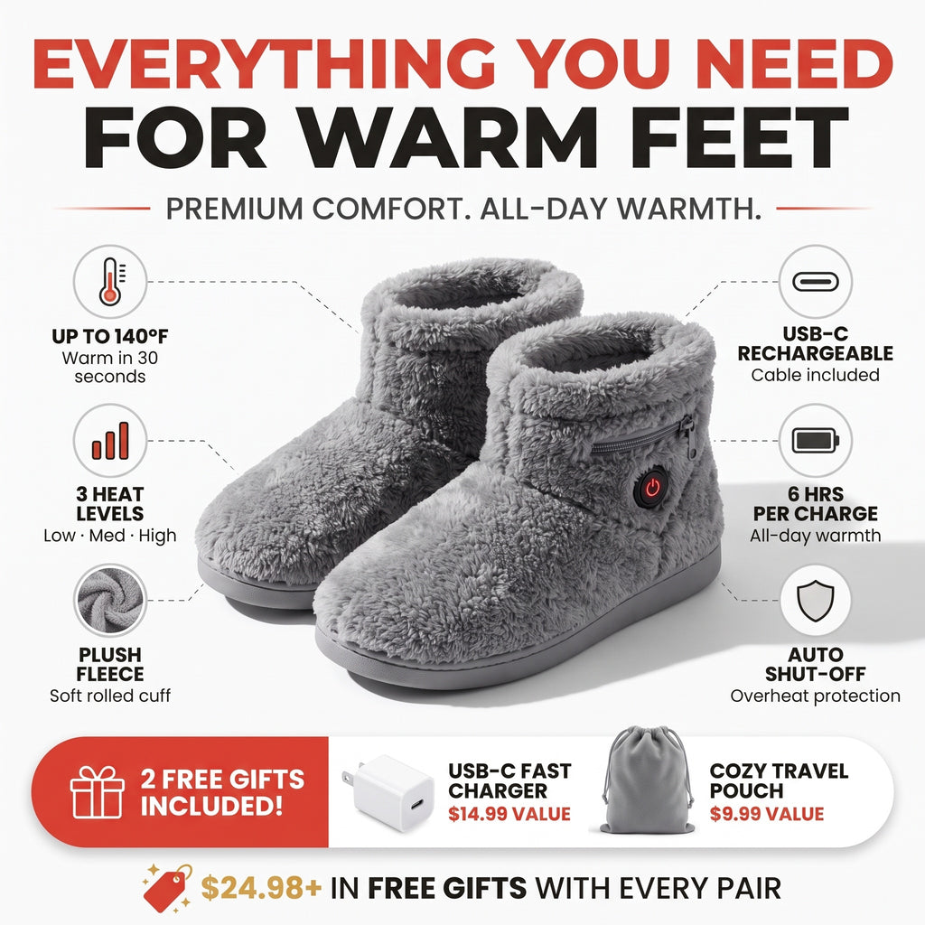 Everything you need for warm feet - up to 140F, 3 heat levels, USB-C, 6 hrs per charge, auto shut-off
