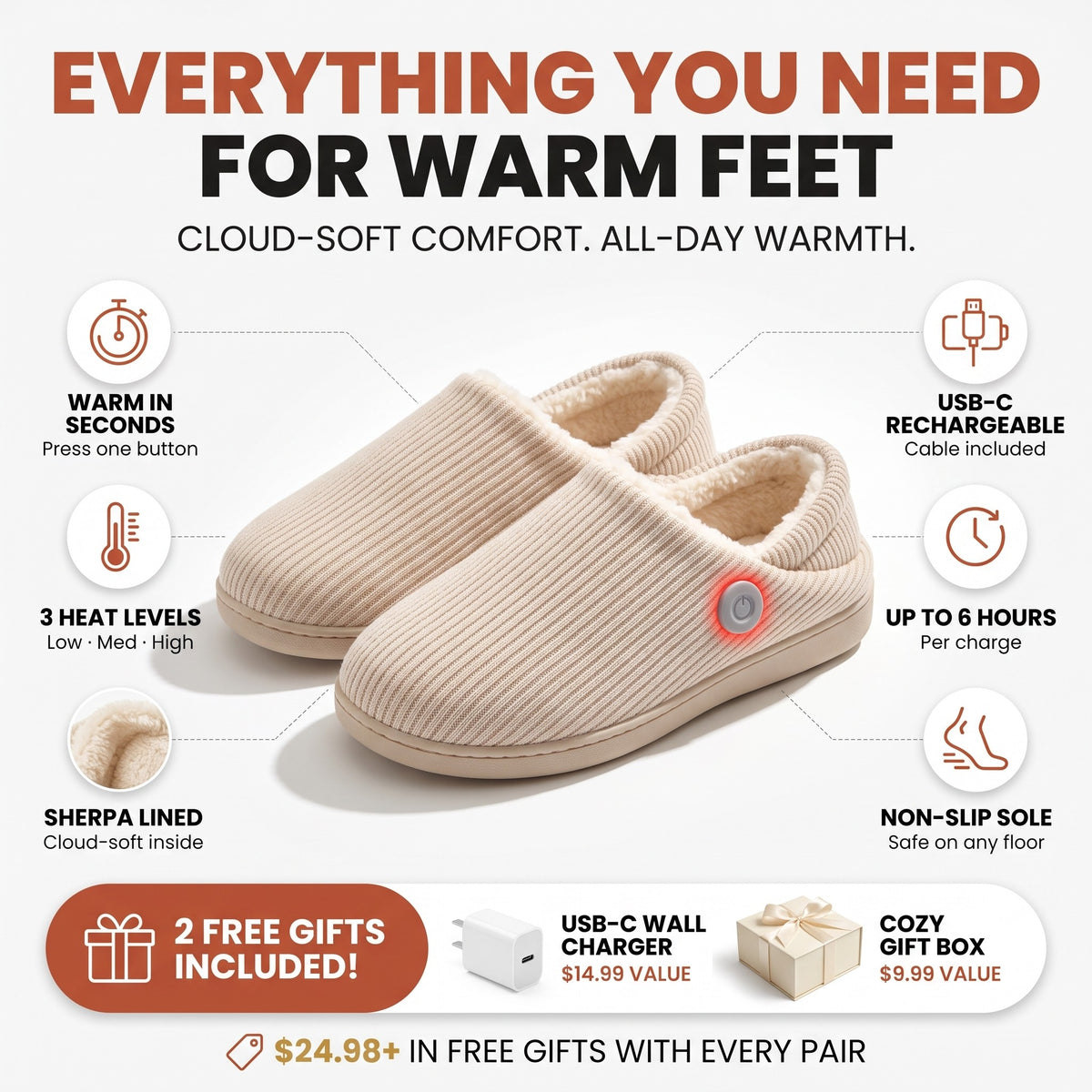 Everything you need for warm feet - 3 heat levels, up to 6 hours, USB-C, sherpa lined, non-slip sole