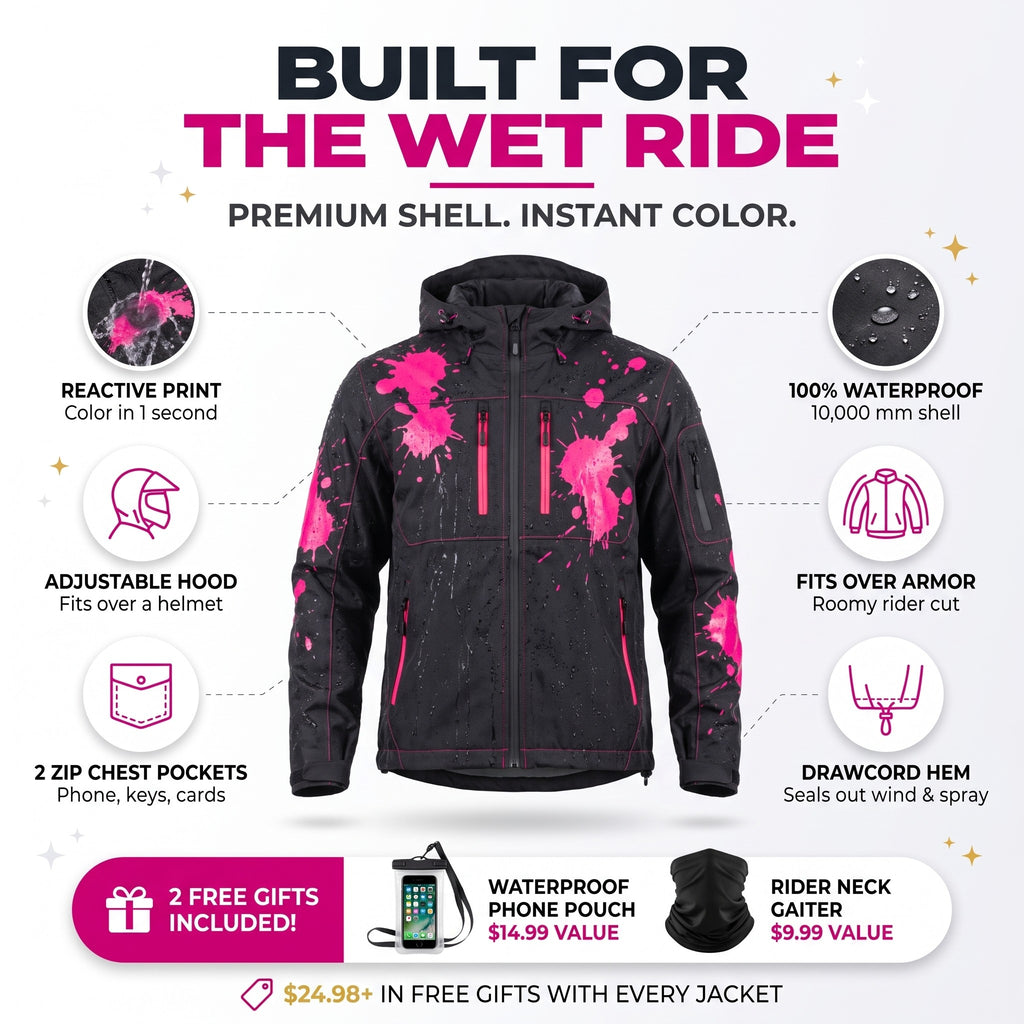 Built for the wet ride - reactive print, 100% waterproof, fits over armor, adjustable hood