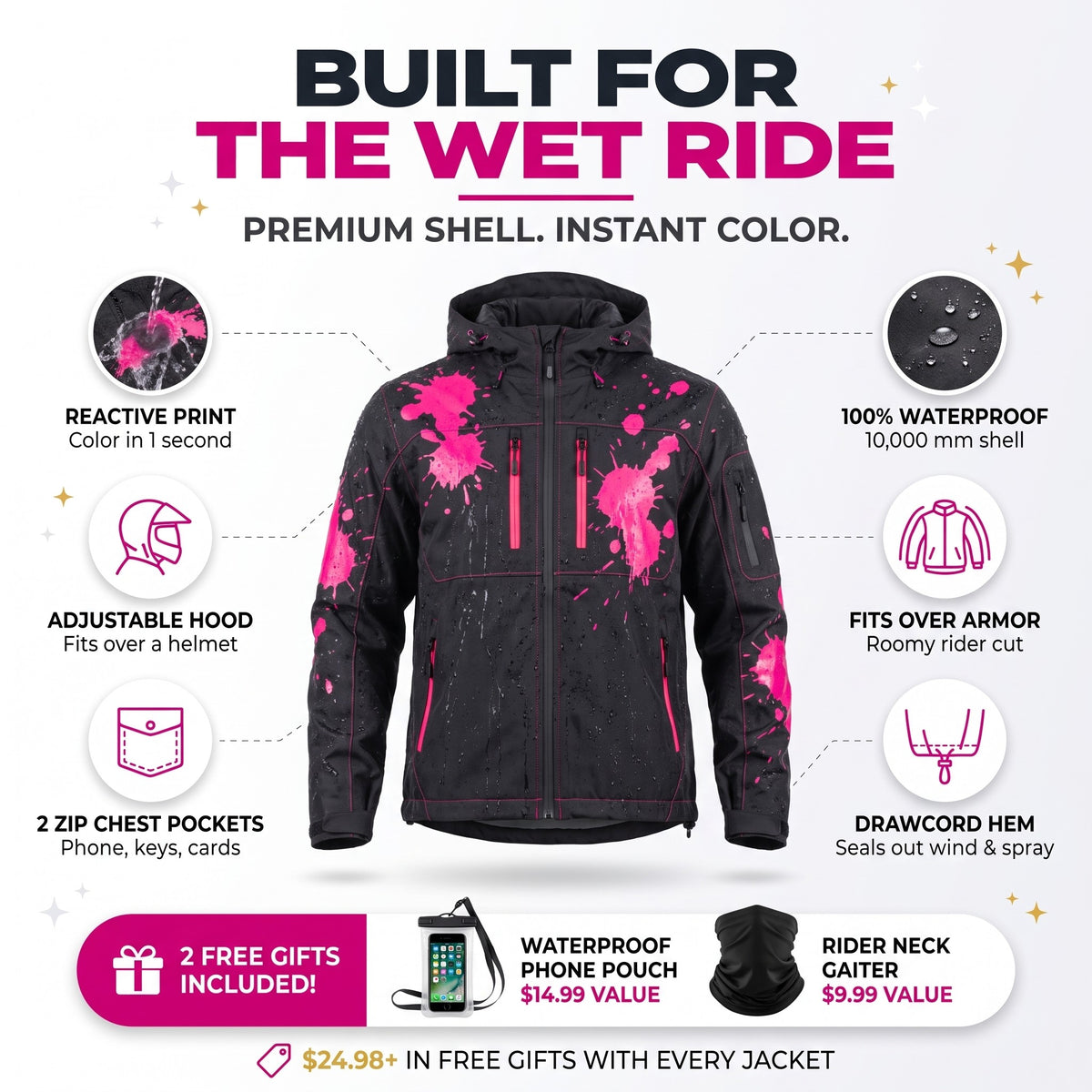 Built for the wet ride - reactive print, 100% waterproof, fits over armor, adjustable hood