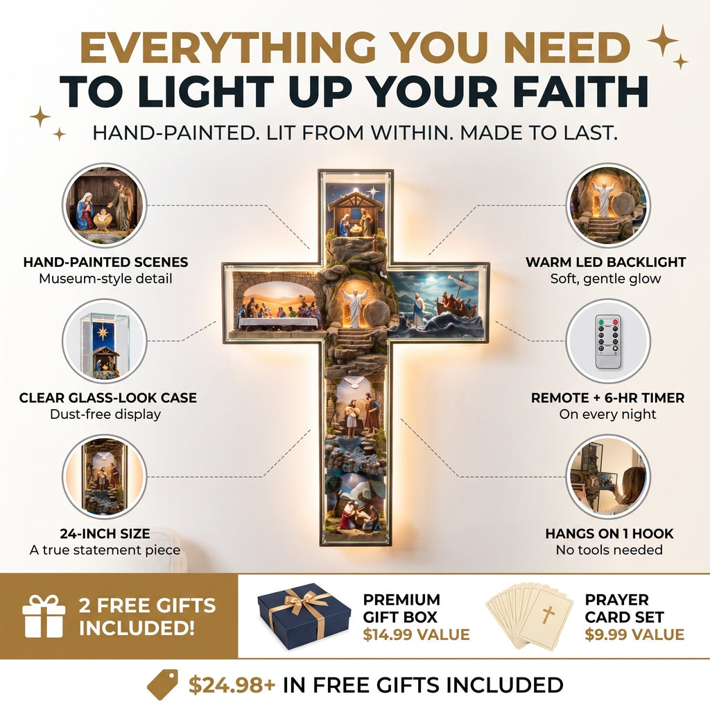 Everything included: hand-painted scenes, clear glass-look case, 24-inch size, warm LED backlight, remote with 6-hr timer, hangs on 1 hook