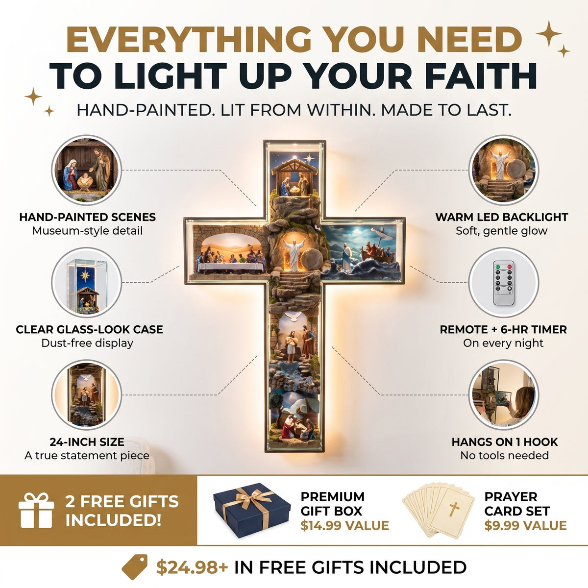Everything included: hand-painted scenes, clear glass-look case, 24-inch size, warm LED backlight, remote with 6-hr timer, hangs on 1 hook