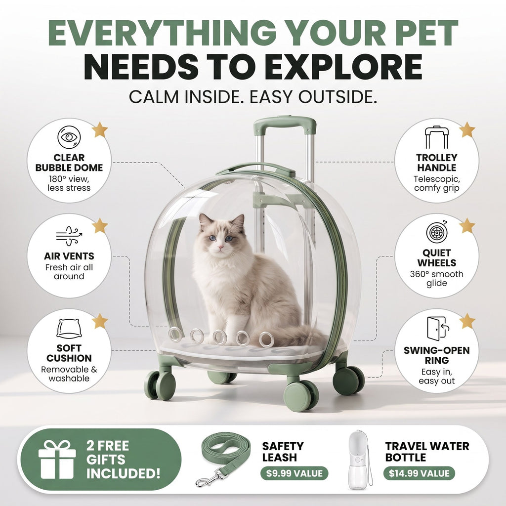 Everything your pet needs to explore - clear dome, air vents, cushion, trolley handle, quiet wheels