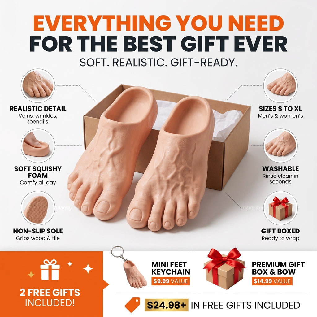 Everything included - realistic detail, soft squishy foam, non-slip sole, sizes S to XL, washable, gift boxed