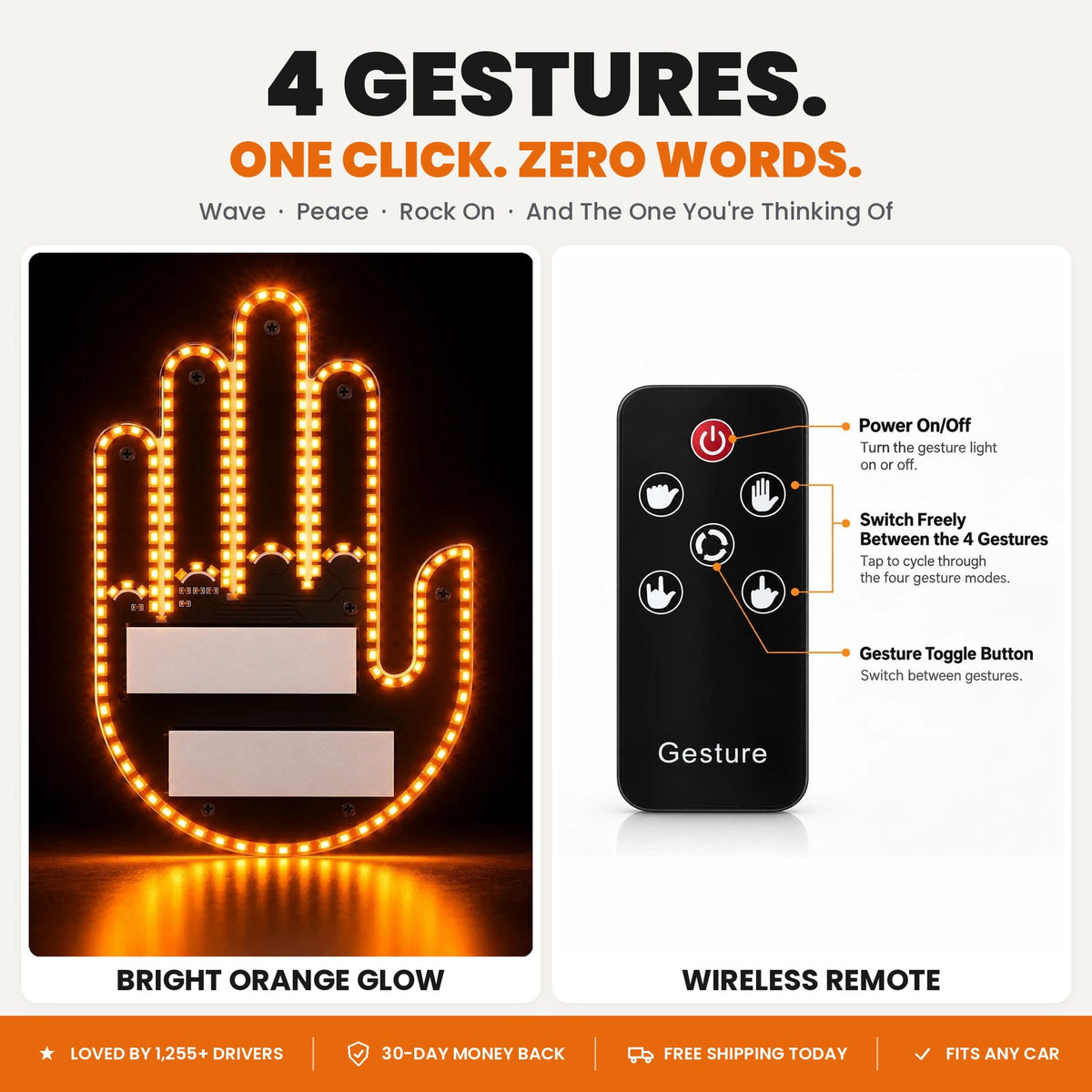 4 gestures, one click, zero words - bright orange glow and wireless remote
