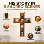 His story in 5 sacred scenes: the Nativity, the Last Supper, the Resurrection, calming the storm, the Baptism