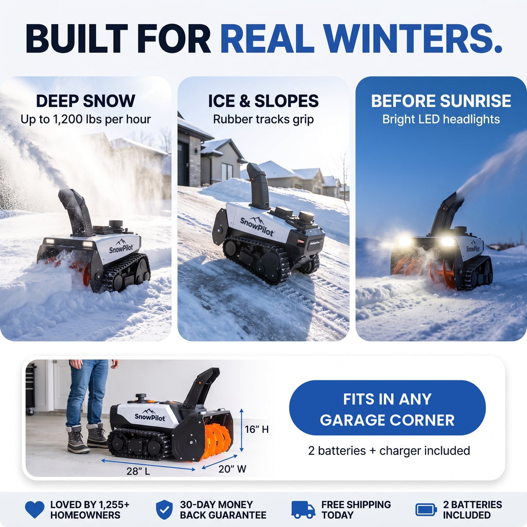 Built for real winters: deep snow, ice and slopes, before sunrise; 28 x 20 x 16 in, fits any garage corner