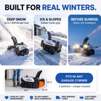 Built for real winters: deep snow, ice and slopes, before sunrise; 28 x 20 x 16 in, fits any garage corner