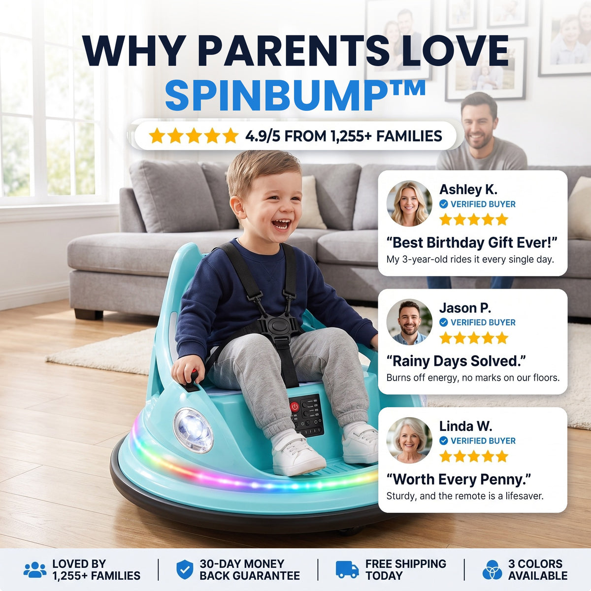 Why parents love SpinBump - 4.9/5 from 1,255+ families