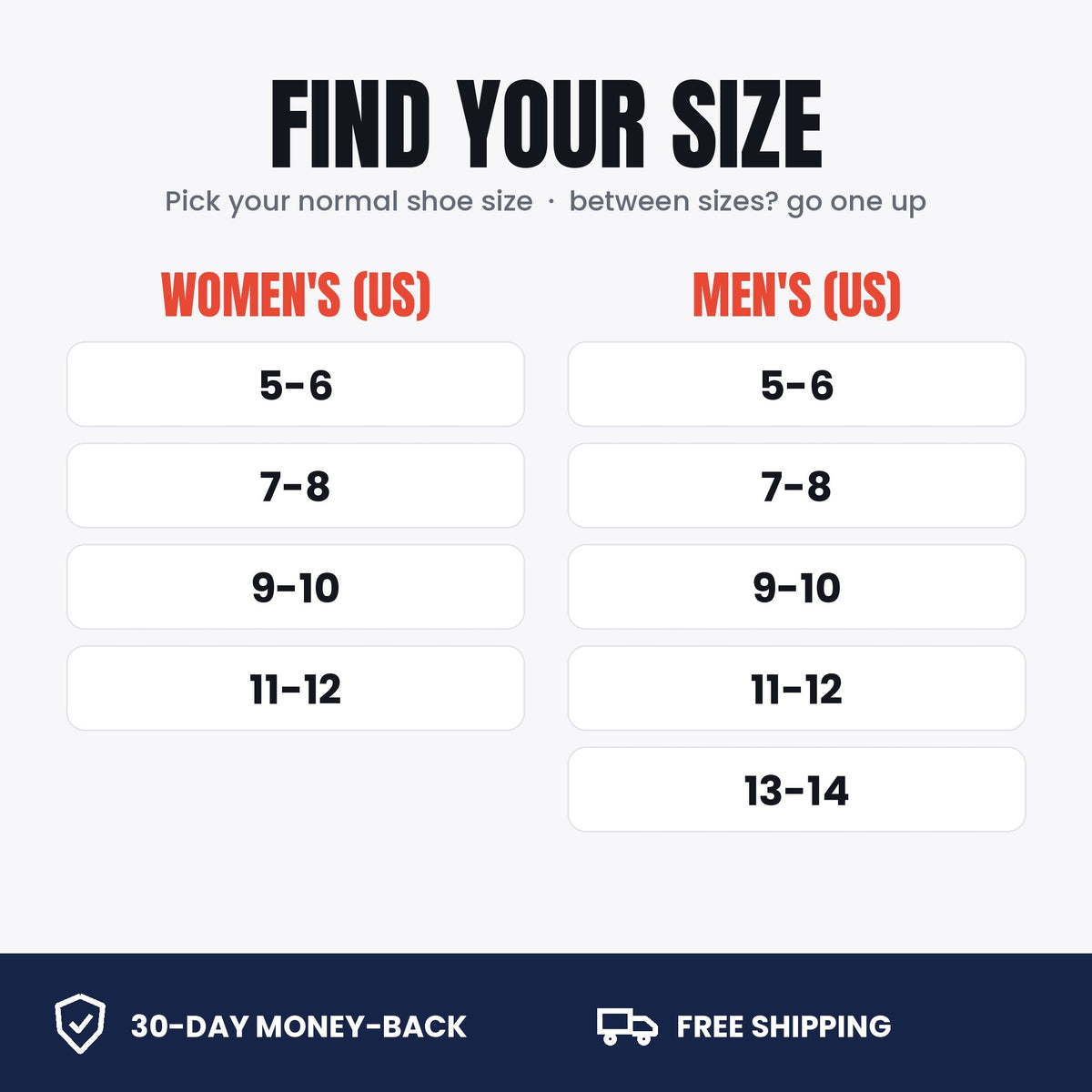 Size guide: women's US 5-6, 7-8, 9-10, 11-12 and men's US 5-6, 7-8, 9-10, 11-12, 13-14