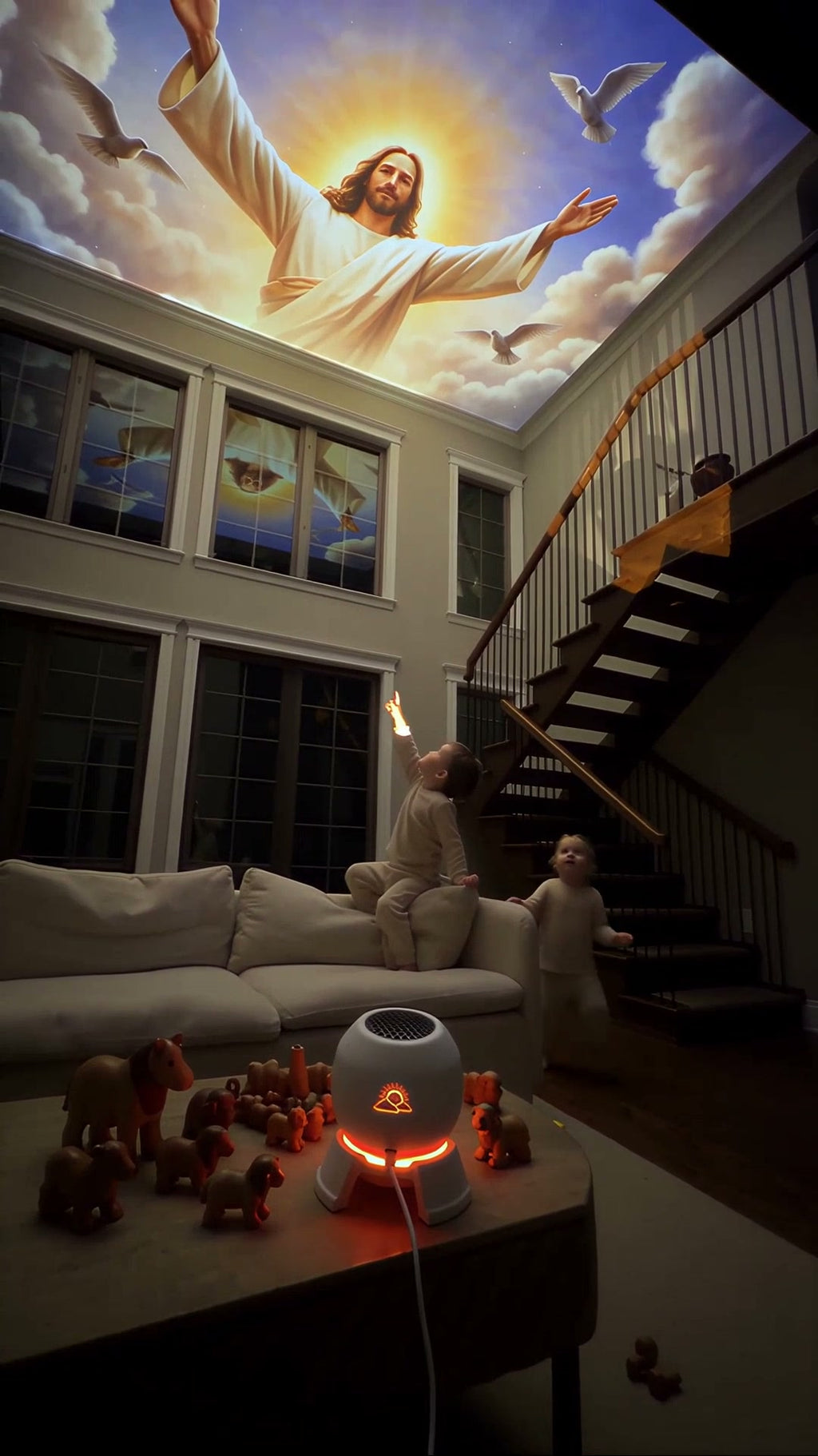 Jesus with angels projected on the ceiling