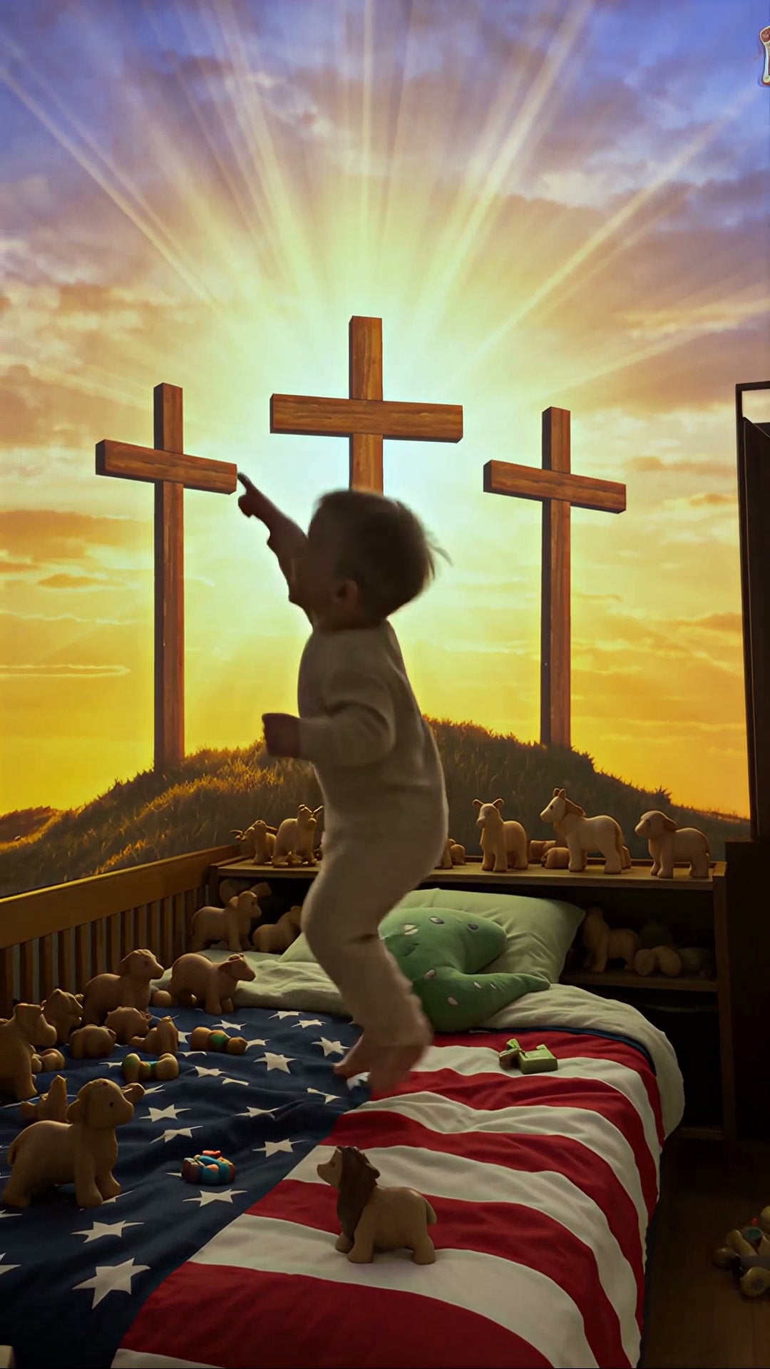 Three crosses projected in a kid's bedroom