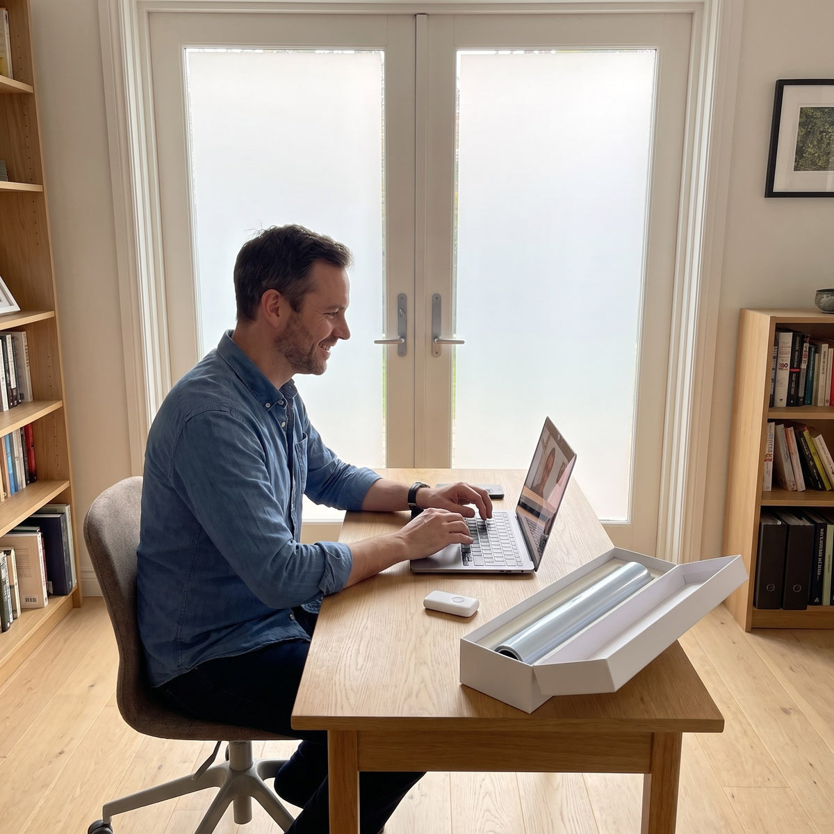 Privacy film on home office French doors